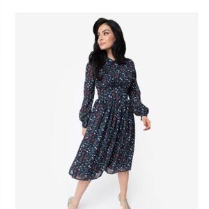 Unique Vintage 1940s Style Navy and Multicolor Floral Dress